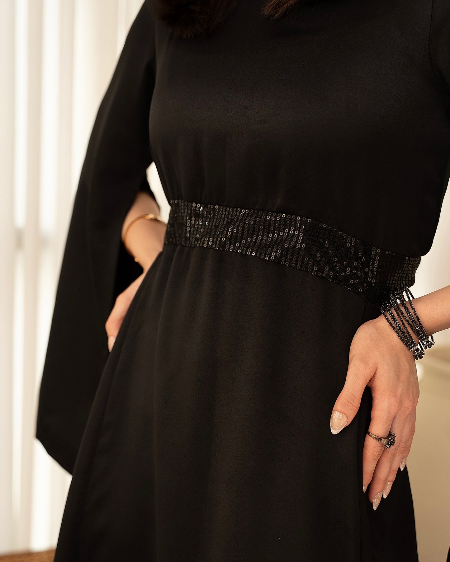 Black Slit-Sleeve Long Dress