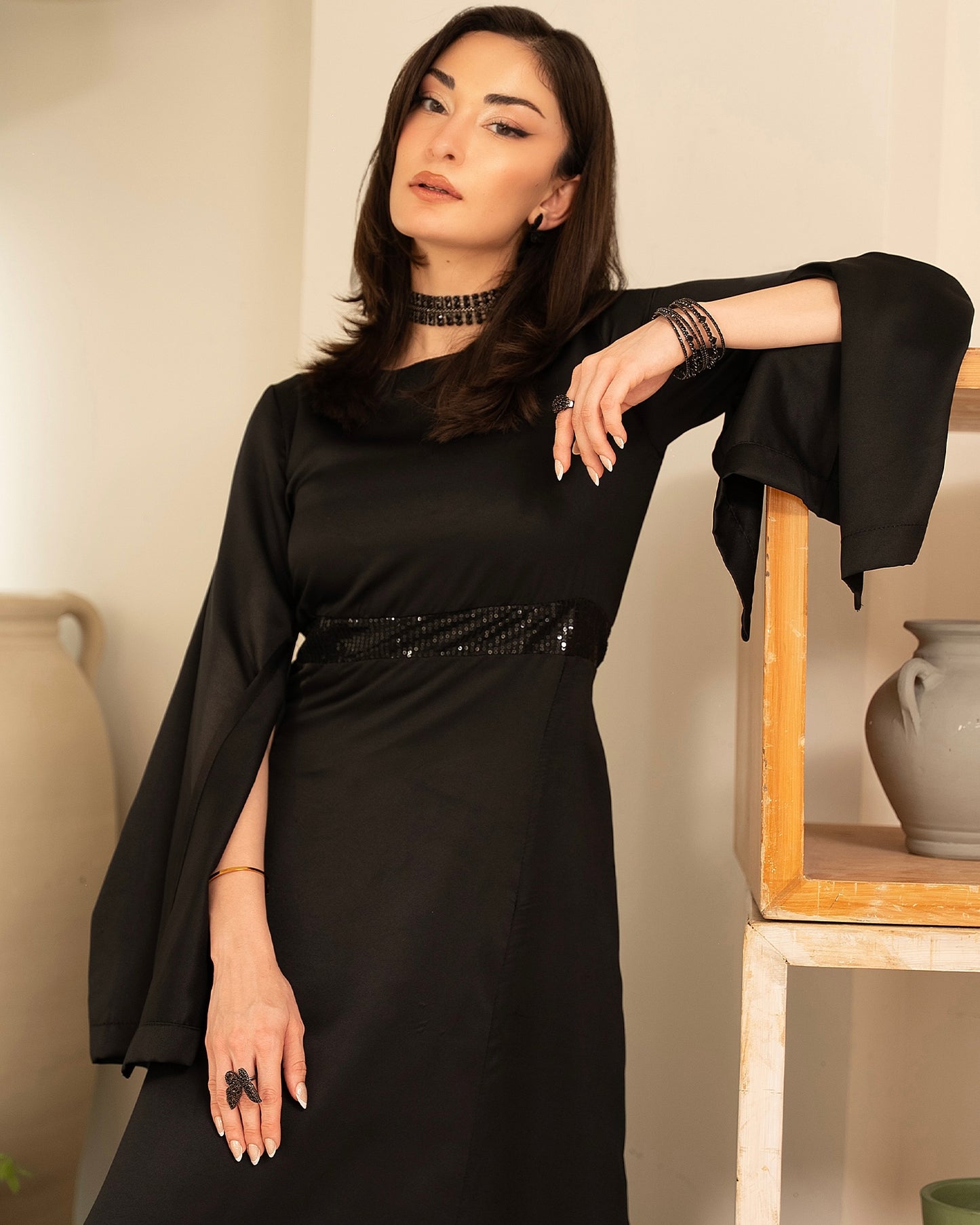 Black Slit-Sleeve Long Dress