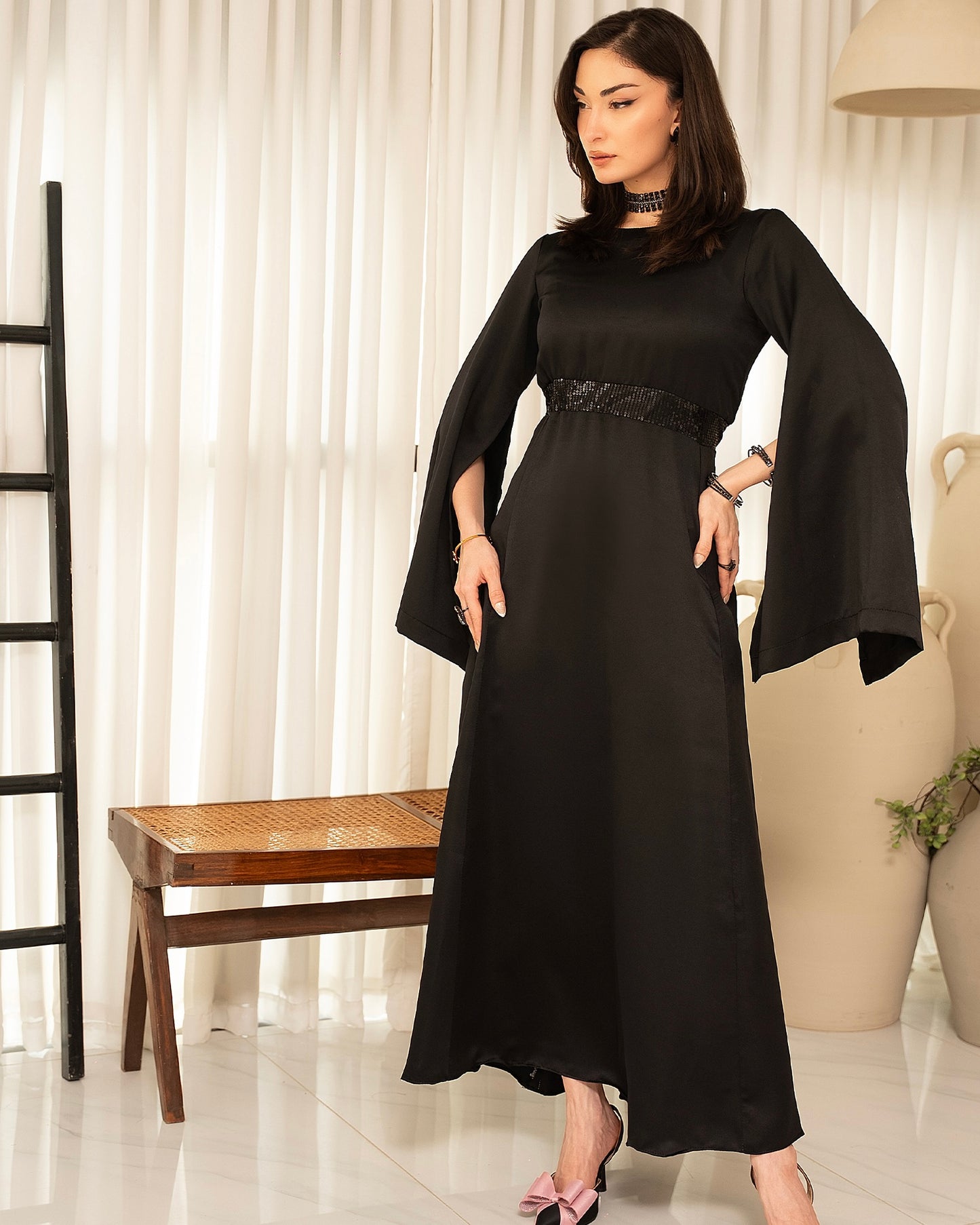 Black Slit-Sleeve Long Dress